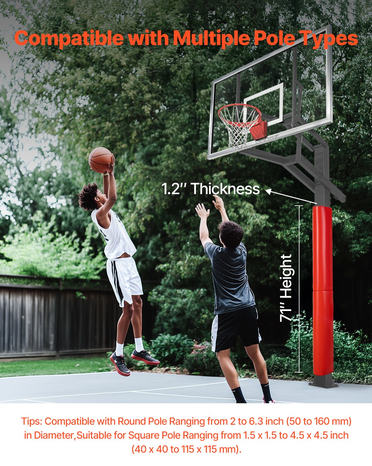 VEVOR Basketbalmat (180 cm hoog) Padding geschikt voor vierkante stangen (40 x 40 tot 115 x 115 mm) en ronde stangen (buitendiameter 50-160 mm) Beschermende padding voor garage Rood