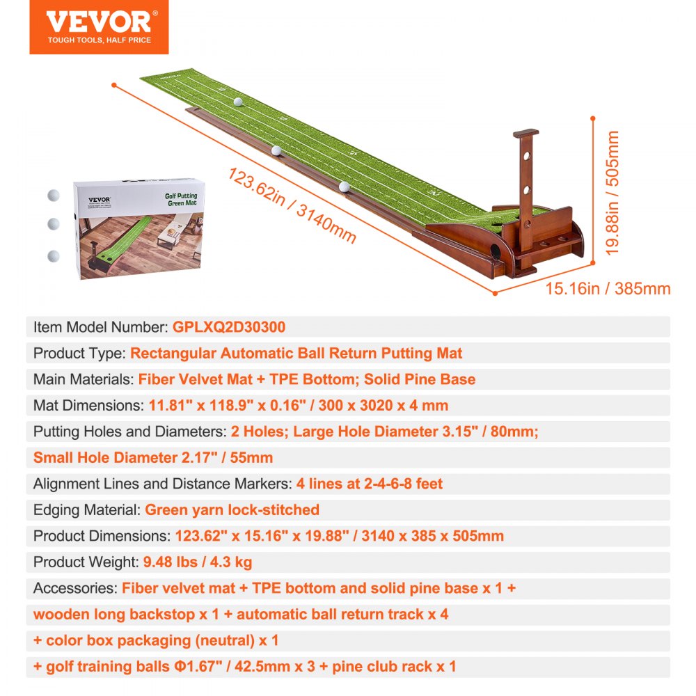 VEVOR Golf Putting Mat, golfmat met 2 holes, indoor/outdoor golf oefenmat, minigolfset met automatische balretour, uitlijningsgeleider, houten voet, golftrainingsuitrusting, groen