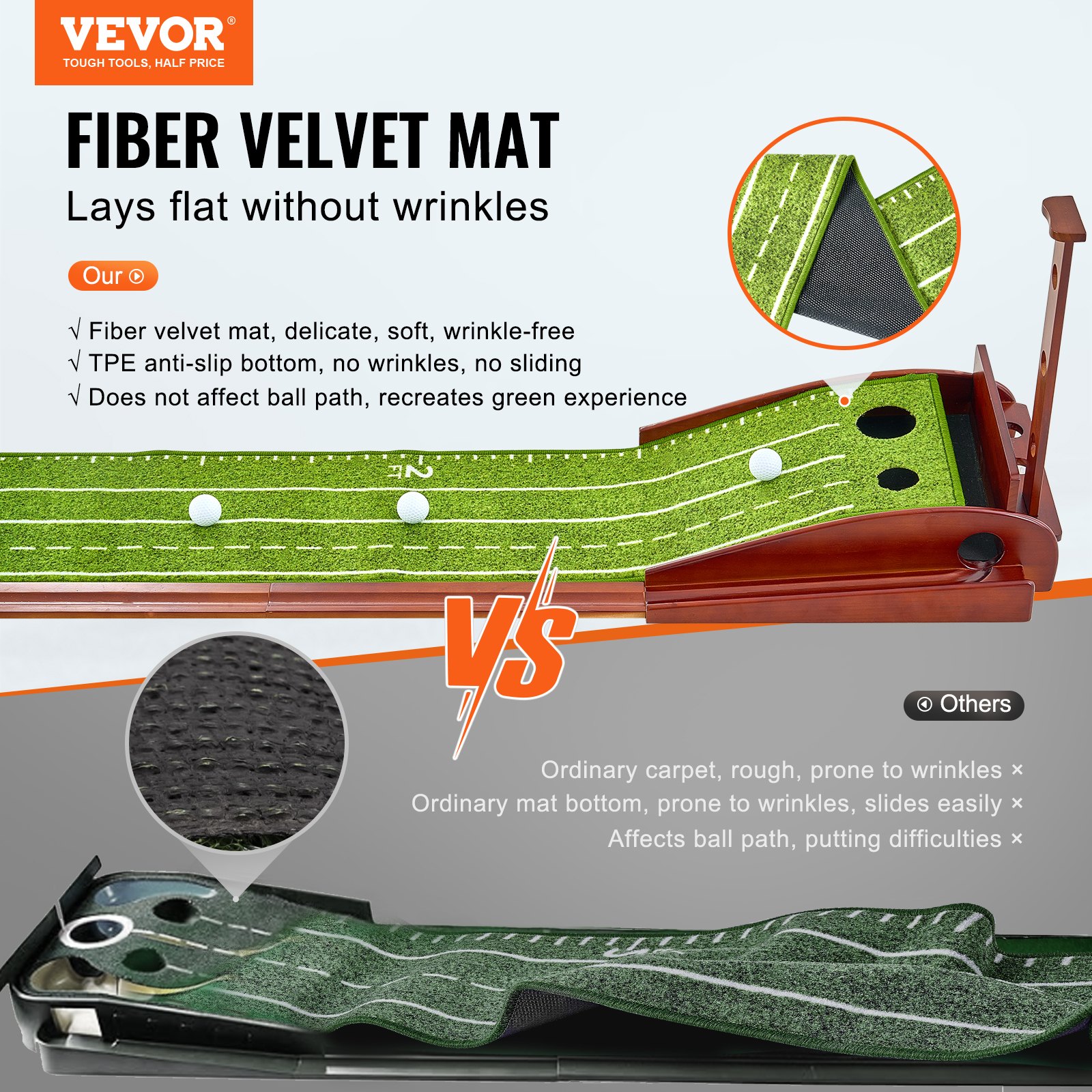 VEVOR Golf Putting Mat, golfmat met 2 holes, indoor/outdoor golf oefenmat, minigolfset met automatische balretour, uitlijningsgeleider, houten voet, golftrainingsuitrusting, groen