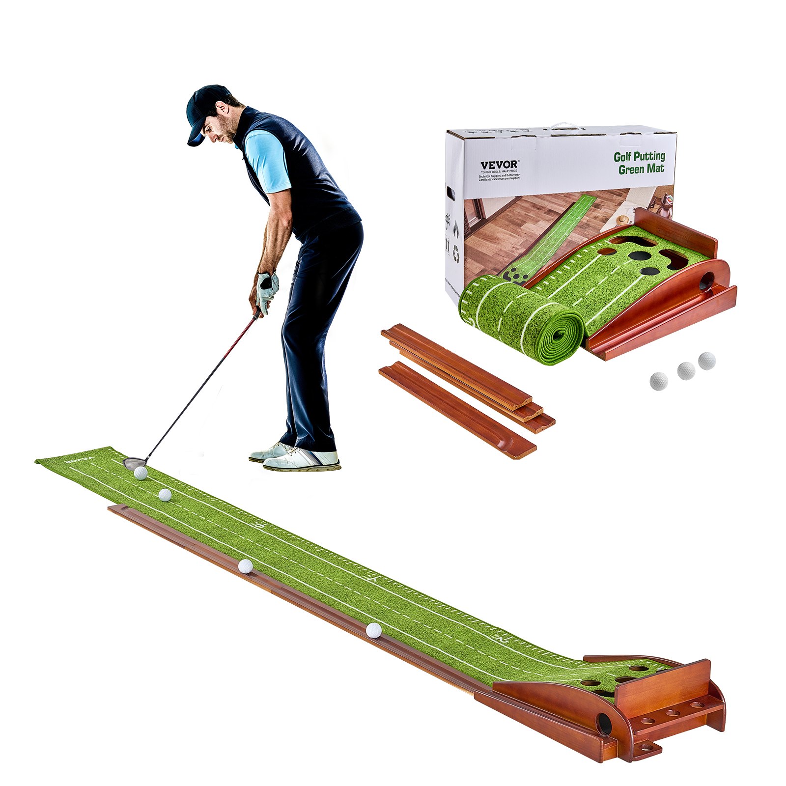 VEVOR Golf Putting Mat, golfmat met 5 holes, indoor golf oefenmat, minigolfset met automatische balretour, uitlijningsgids, 3 ballen, houten voet, golftrainingsuitrusting