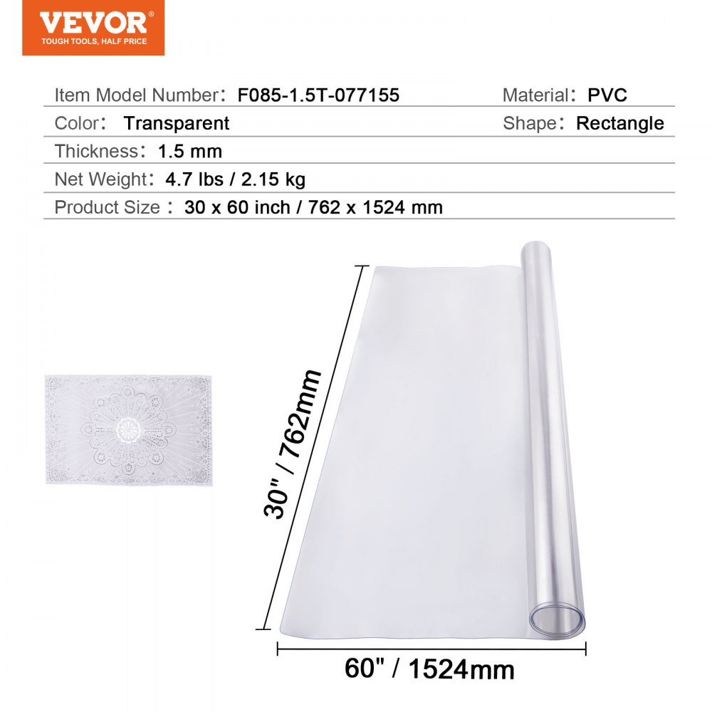 VEVOR Plastic tafelkleed, 30" x 60", 1,5 mm dik, transparante tafelbeschermer, rechthoekige PVC bureau-onderlegger, waterdichte en gemakkelijk te reinigen bureau-onderlegger, tafelhoes, voor kantoor, ladekast, eettafel, nachtkastje