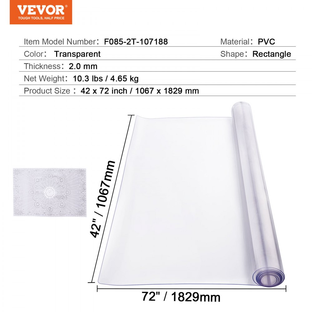 VEVOR Plastic Table Cover, 42 x 72 Inch 2.0 mm Thick Clear Table Protector, Rectangle PVC Desk Mat, Waterproof & Easy Cleaning Desk Pad Tablecloth, for Office Dresser Dining Room Table Night Stand