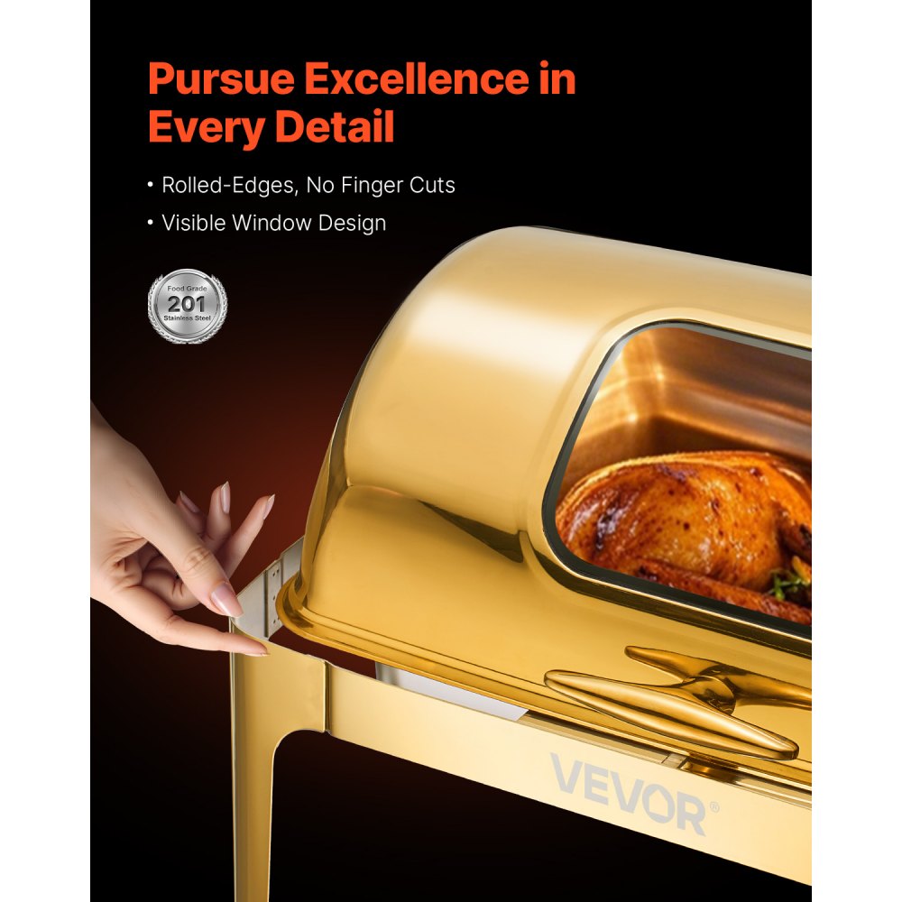 VEVOR Chafing Dish Set Voedselwarmer Roestvrij Staal met Pannen van Volledig Formaat (8,5 L), Rechthoekige Warmtedispenser met Zichtbaar Deksel & Waterpanstandaard & Brandpastahouder, voor Feesten Goud
