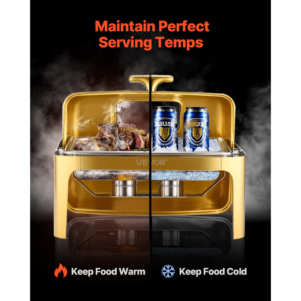 VEVOR Roll Top Chafing Dish Buffet Complete Set, 9Qt Stainless Steel Chafer with Full Size Pan, Rectangle Catering Warmer Server with Visible Lid Water Pan Folding Stand Fuel Holder Meal Clip, Gold