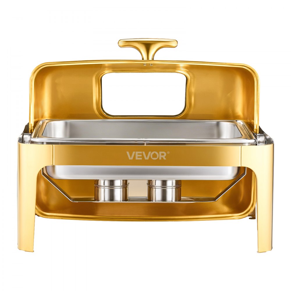 VEVOR Roll Top Chafing Dish Buffet Complete Set, 9Qt Stainless Steel Chafer with Full Size Pan, Rectangle Catering Warmer Server with Visible Lid Water Pan Folding Stand Fuel Holder Meal Clip, Gold