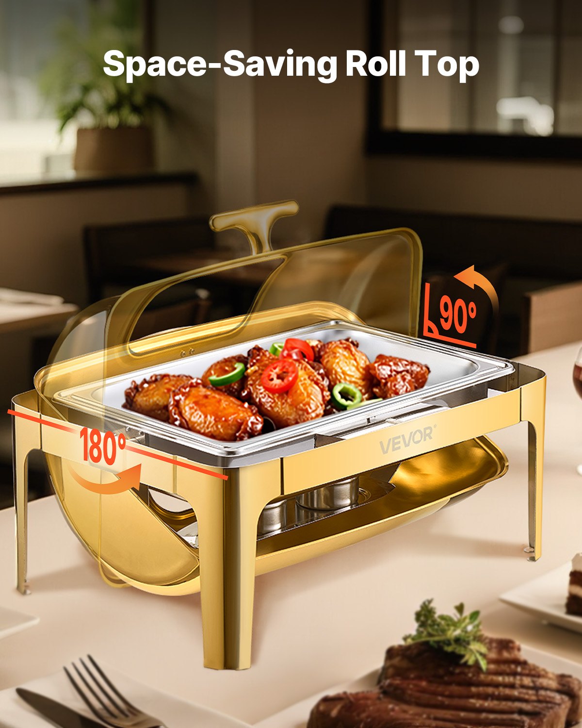 VEVOR Roll Top Chafing Dish Buffet Complete Set, 9Qt Stainless Steel Chafer with Full Size Pan, Rectangle Catering Warmer Server with Visible Lid Water Pan Folding Stand Fuel Holder Meal Clip, Gold