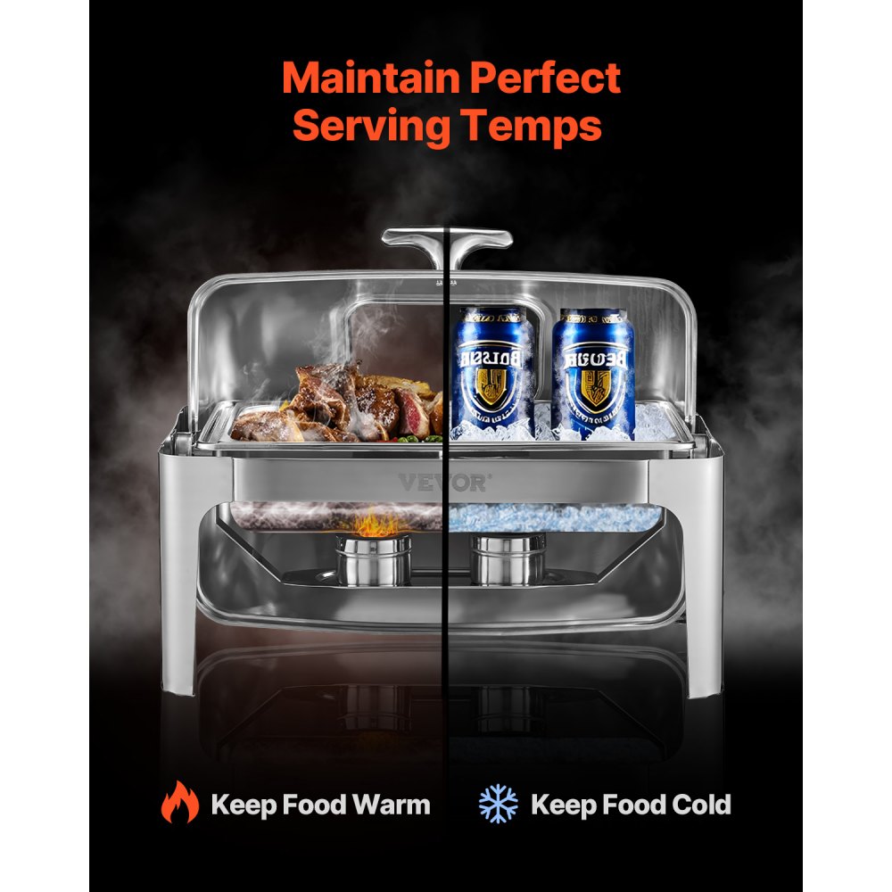 VEVOR Chafing Dish Set RVS Voedselwarmer met 2 Half-Size Pannen (3,9 L), Rechthoekige Warmtedispenser met Zichtbaar Deksel & Waterpanstandaard & Brandpastahouder, voor Feesten Zilver