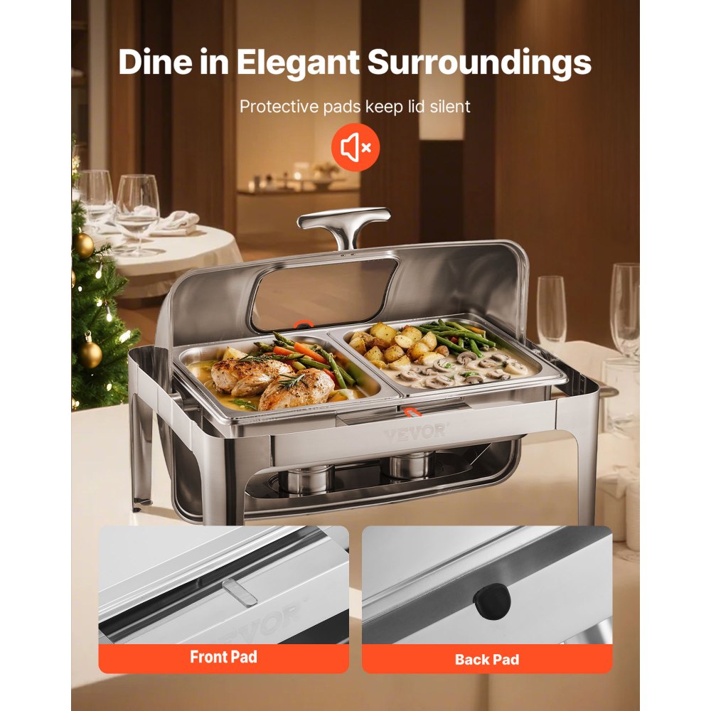VEVOR Chafing Dish Set RVS Voedselwarmer met 2 Half-Size Pannen (3,9 L), Rechthoekige Warmtedispenser met Zichtbaar Deksel & Waterpanstandaard & Brandpastahouder, voor Feesten Zilver