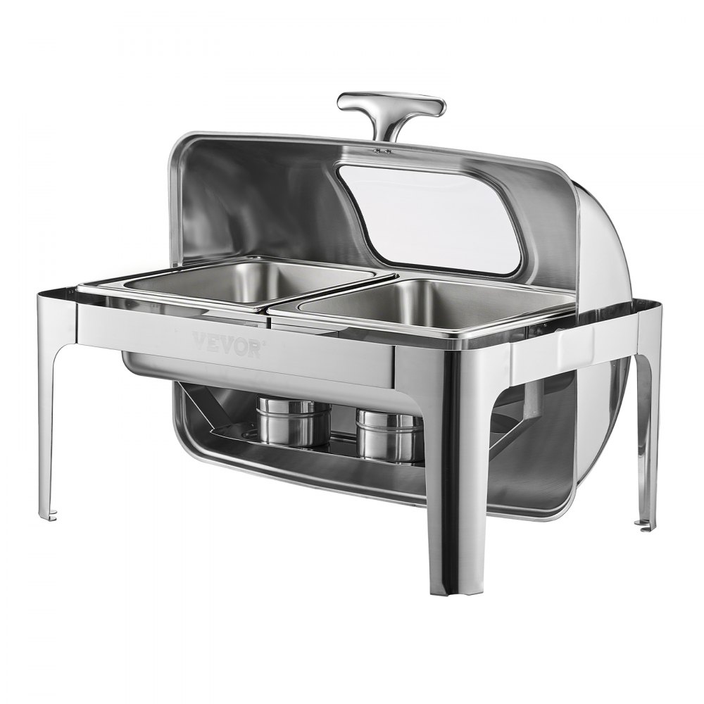 VEVOR Chafing Dish Set RVS Voedselwarmer met 2 Half-Size Pannen (3,9 L), Rechthoekige Warmtedispenser met Zichtbaar Deksel & Waterpanstandaard & Brandpastahouder, voor Feesten Zilver
