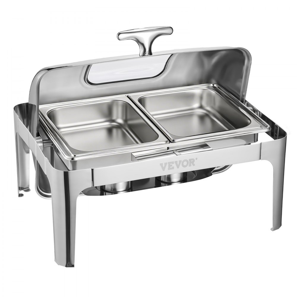 VEVOR Chafing Dish Set RVS Voedselwarmer met 2 Half-Size Pannen (3,9 L), Rechthoekige Warmtedispenser met Zichtbaar Deksel & Waterpanstandaard & Brandpastahouder, voor Feesten Zilver