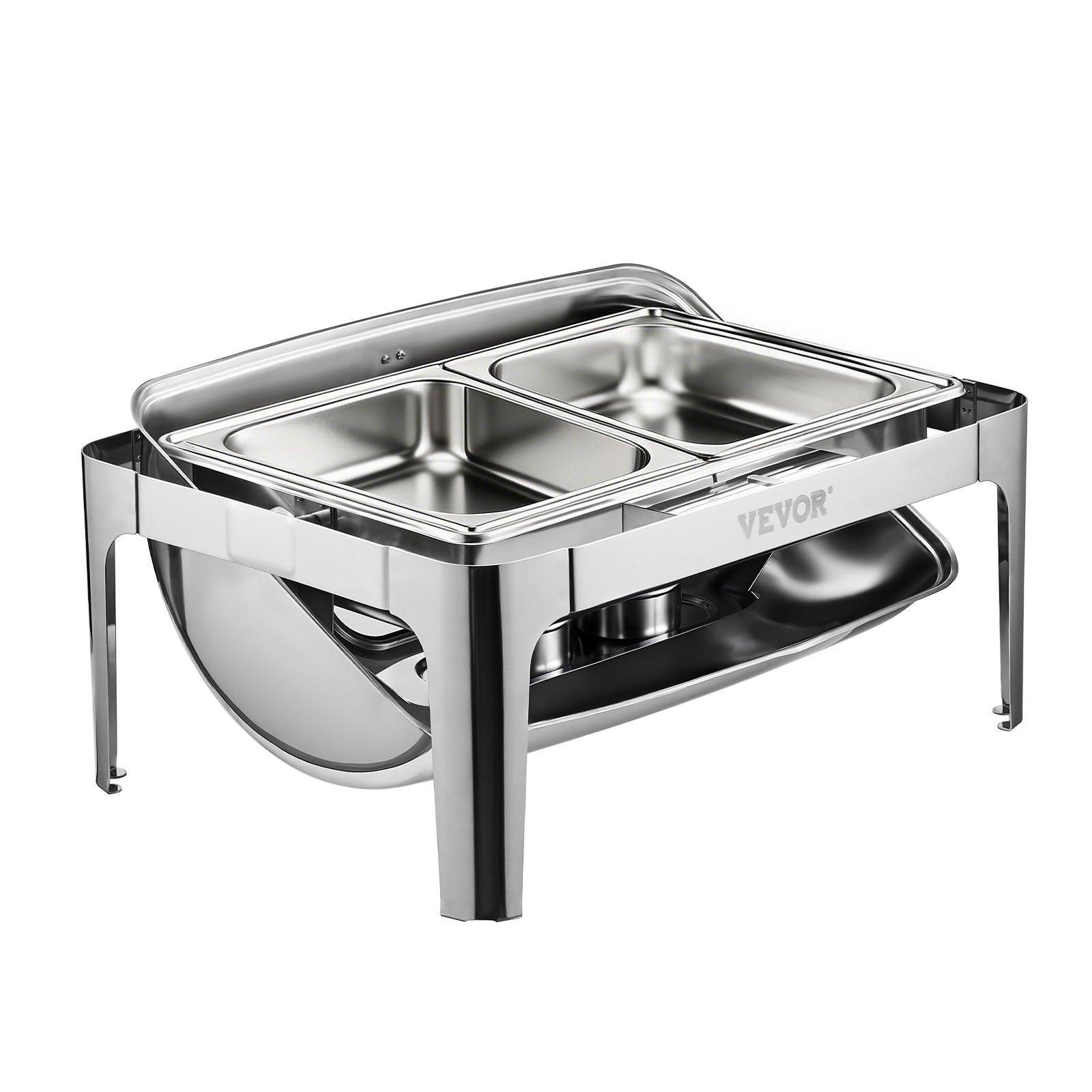 VEVOR Chafing Dish Set RVS Voedselwarmer met 2 Half-Size Pannen (3,9 L), Rechthoekige Warmtedispenser met Zichtbaar Deksel & Waterpanstandaard & Brandpastahouder, voor Feesten Zilver