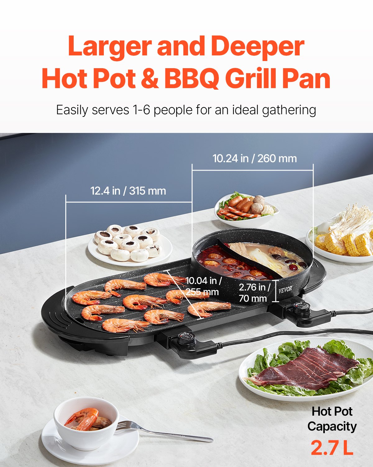 VEVOR Hot Pot with Grill, 2200W 2-in-1 Electric Smokeless Grill and Hot Pot, Korean BBQ Shabu Shabu Hotpot with Separate Dual Temperature Control, Non-stick Pan, for 1-6 People Family Dinning