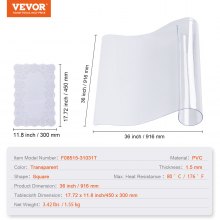 VEVOR Clear Table Cover Protector, 36"x36"/916 x 916 mm Table Cover, 1.5 mm Thick PVC Plastic Tablecloth, Waterproof Desktop Protector for Writing Desk, Coffee Table, Dining Room Table