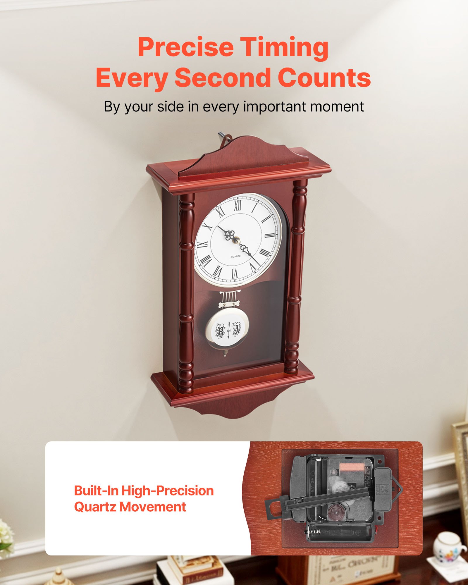 VEVOR Grandfather Clock, 18 in Classic Vintage Pendulum Clock, Pine Wood & MDF Wall Clocks with Quartz Movement and Quiet Design, for Living Room, Bedroom, Home Decor, and Gift (Cherry Tone Finish)