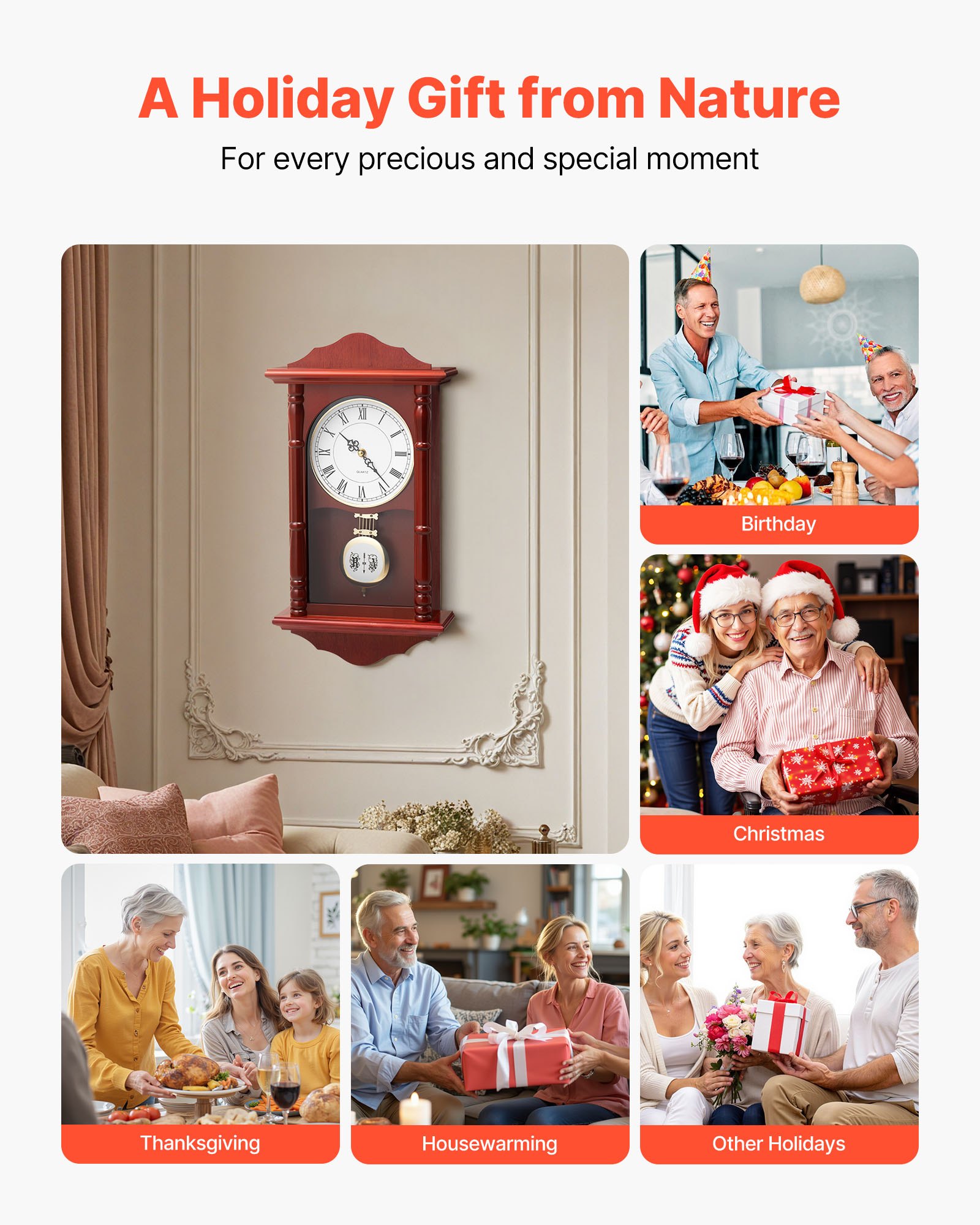 VEVOR Grandfather Clock, 18 in Classic Vintage Pendulum Clock, Pine Wood & MDF Wall Clocks with Quartz Movement and Quiet Design, for Living Room, Bedroom, Home Decor, and Gift (Cherry Tone Finish)