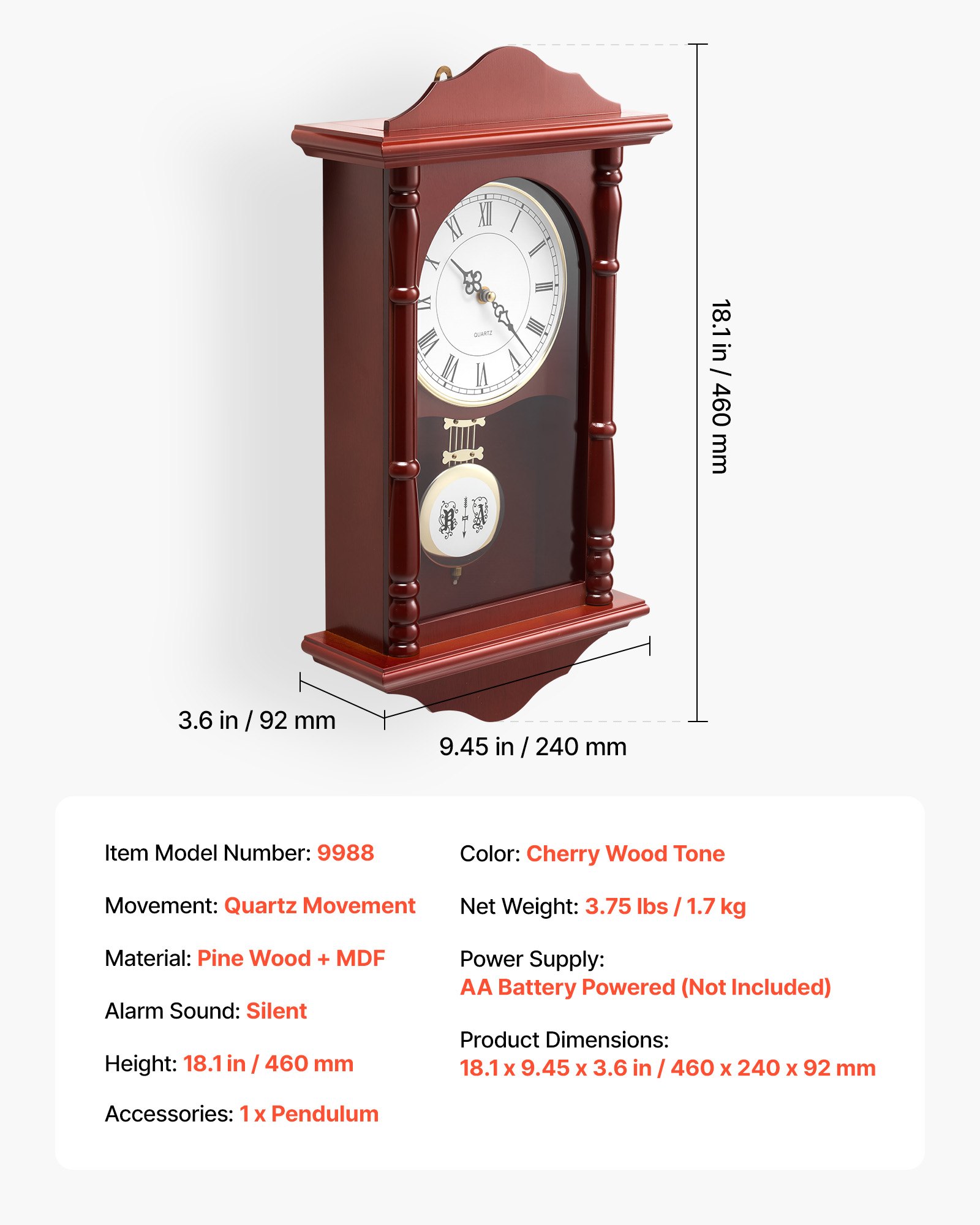 VEVOR Grandfather Clock, 18 in Classic Vintage Pendulum Clock, Pine Wood & MDF Wall Clocks with Quartz Movement and Quiet Design, for Living Room, Bedroom, Home Decor, and Gift (Cherry Tone Finish)
