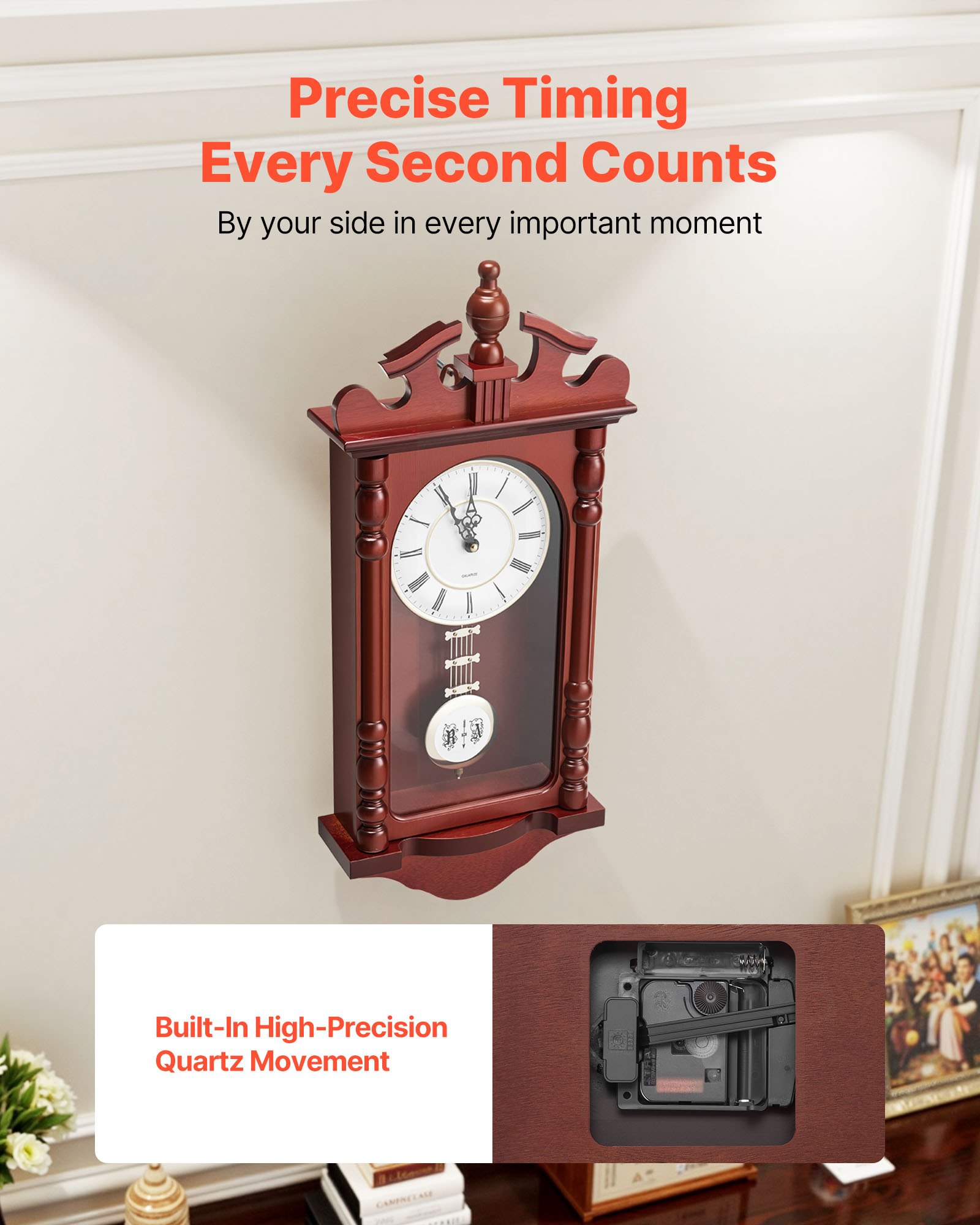 VEVOR Grandfather Clock, 23.2 in Classic Vintage Pendulum Clock, Pine Wood & MDF Wall Clocks with Quartz Movement and Quiet Design, for Living Room, Bedroom, Home Decor & Gift (Cherry Tone Finish)