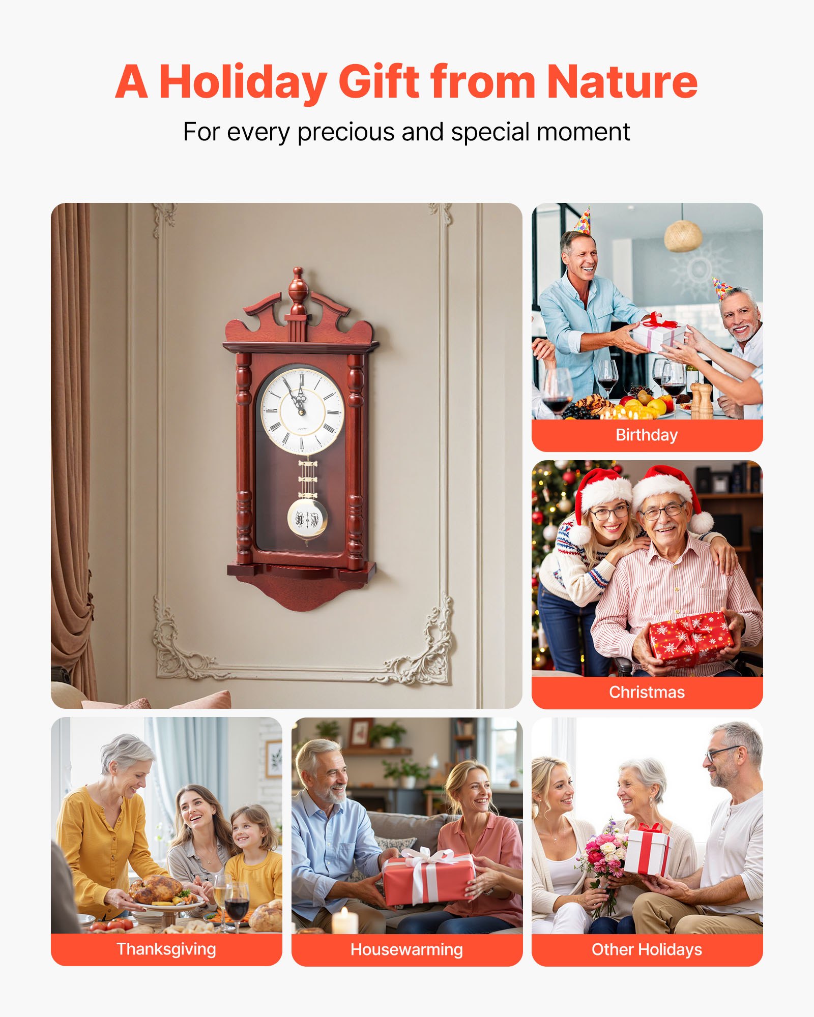 VEVOR Grandfather Clock, 23.2 in Classic Vintage Pendulum Clock, Pine Wood & MDF Wall Clocks with Quartz Movement and Quiet Design, for Living Room, Bedroom, Home Decor & Gift (Cherry Tone Finish)