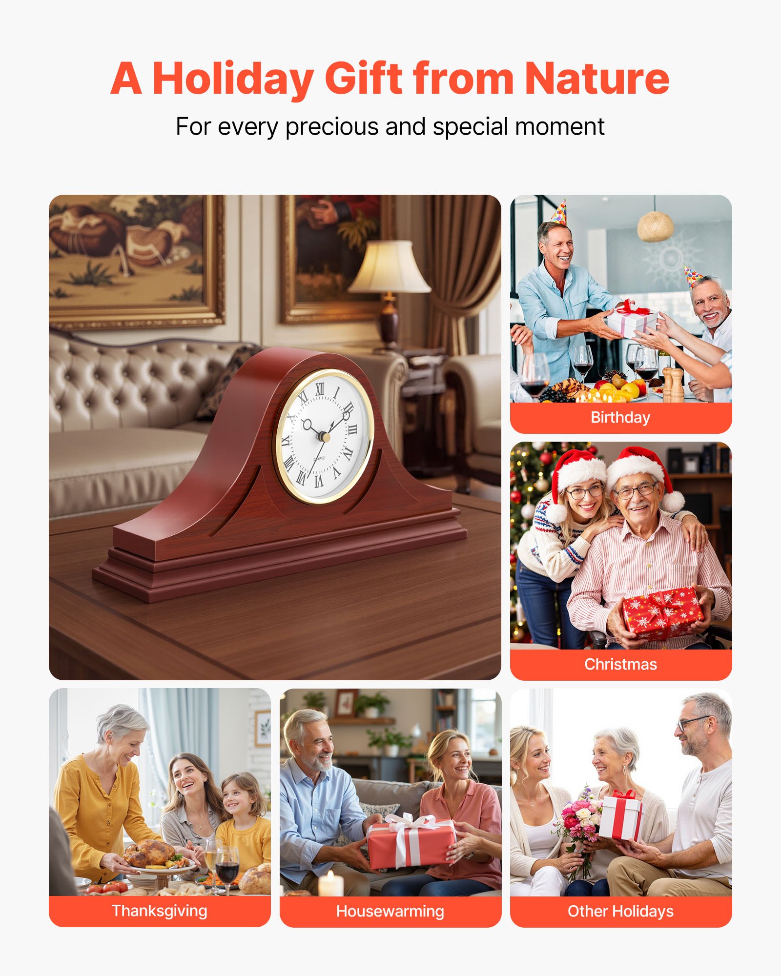 VEVOR Grandfather Clock, 6.4 in Classic Vintage Grandfather Clock, MDF Mantel Clocks with Built-In Quartz Movement and Quiet Design, for Living Room, Bedroom, Home Decor & Gift (Cherry Tone Finish)