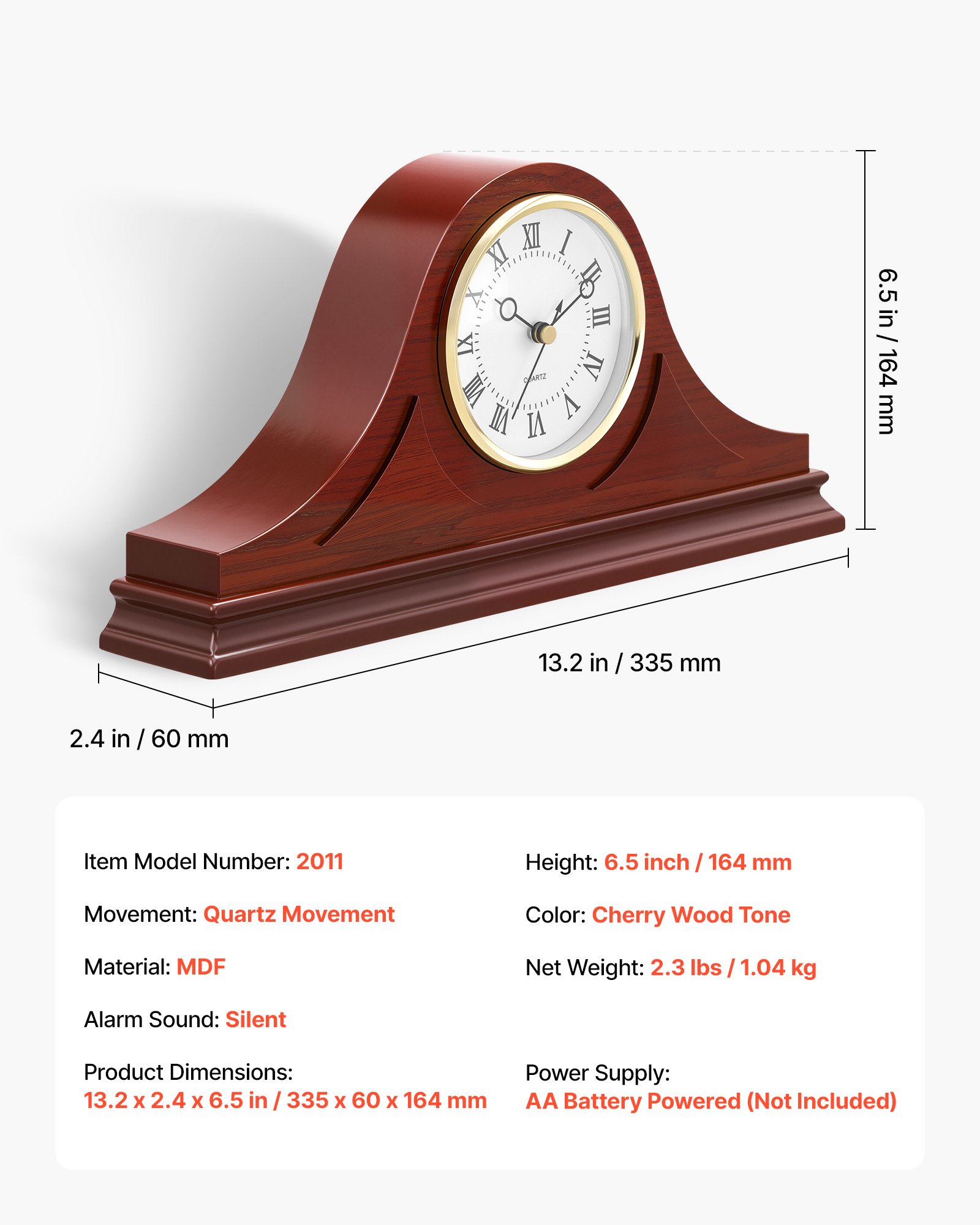 VEVOR Vintage tafelklok, 335 x 60 x 164 mm, klassieke MDF-schoorsteenklok met ingebouwd quartz-uurwerk, voor woonkamer, slaapkamer, huisdecoratie en cadeau (kersenfinish)