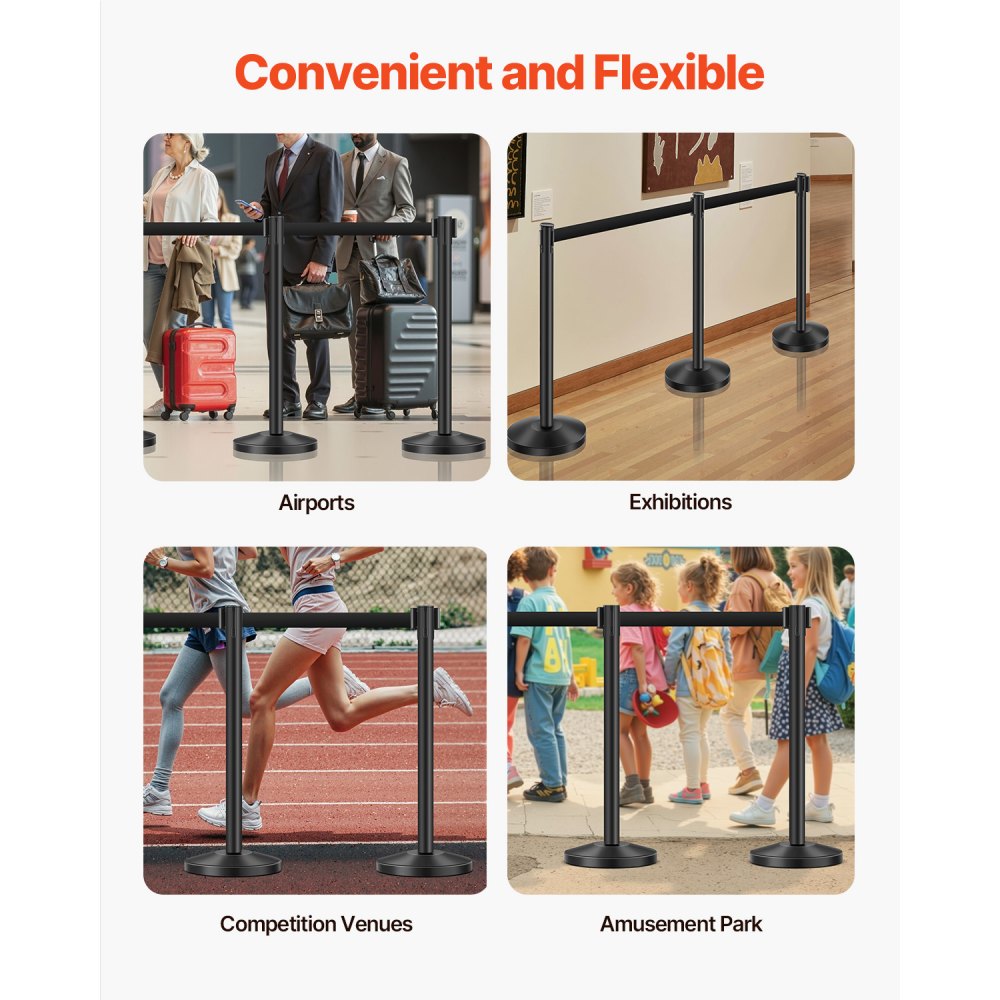 VEVOR Stanchion Post, 6 Pcs Crowd Control Barrier with 6 Retractable Belts, Carbon Steel Black Stanchion Post Queue with Sand Injection Hollow Base for Theaters, Parties, Weddings, Exhibitions, Black