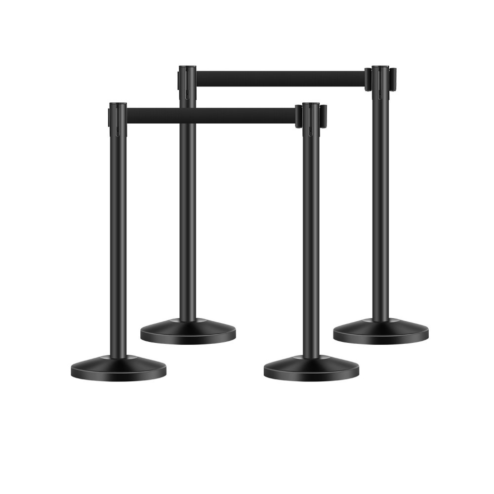 VEVOR Stanchion Post, 4 Pcs Crowd Control Barrier with 4 Retractable Belts, Carbon Steel Black Stanchion Post Queue with Sand Injection Hollow Base for Theaters, Parties, Weddings, Exhibitions, Black