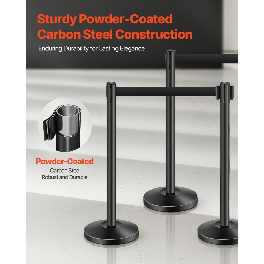 VEVOR Crowd Control Barrier-palen (4-pack) met 4 intrekbare banden, koolstofstalen crowd control-palen met holle basis voor bruiloften, tentoonstellingen, zwart