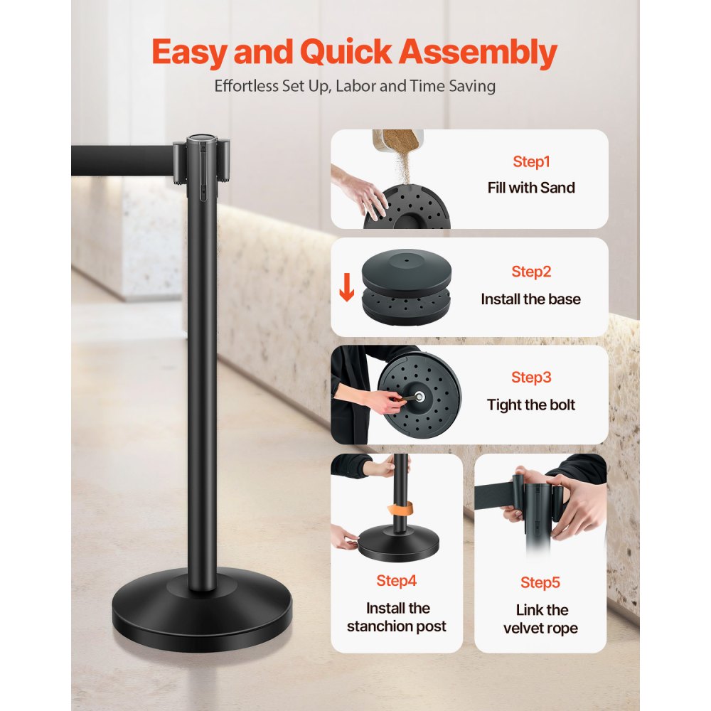 VEVOR Crowd Control Barrier-palen (4-pack) met 4 intrekbare banden, koolstofstalen crowd control-palen met holle basis voor bruiloften, tentoonstellingen, zwart