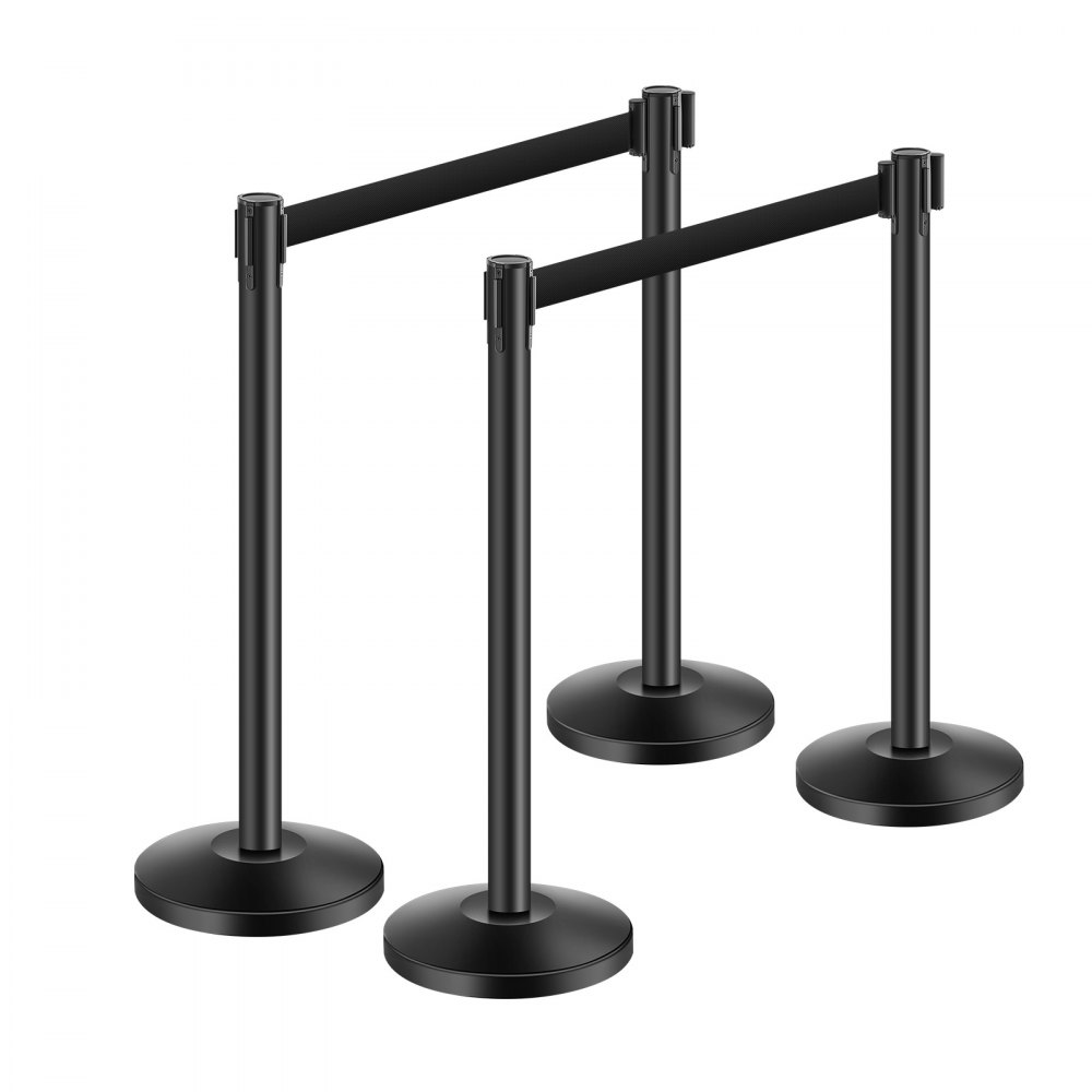 VEVOR Crowd Control Barrier-palen (4-pack) met 4 intrekbare banden, koolstofstalen crowd control-palen met holle basis voor bruiloften, tentoonstellingen, zwart