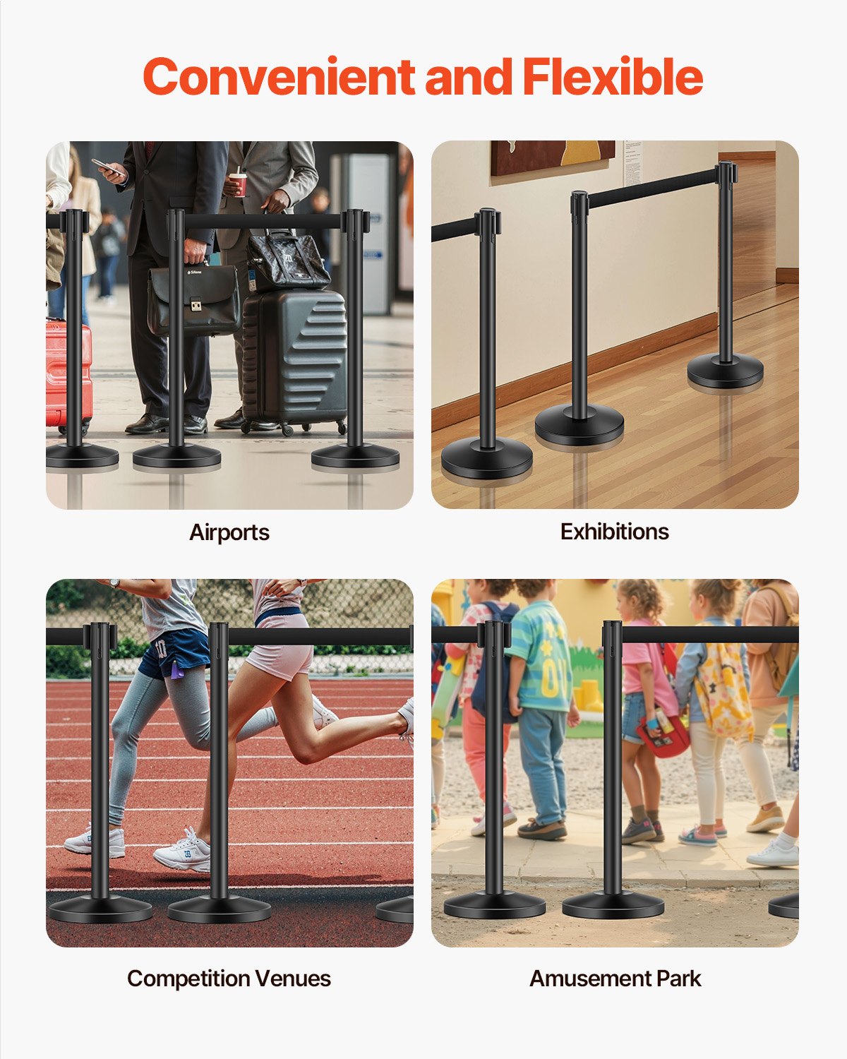 VEVOR Stanchion Post, 4 Pcs Crowd Control Barrier with 4 Retractable Belts, Carbon Steel Black Stanchion Post Queue with Sand Injection Hollow Base for Theaters, Parties, Weddings, Exhibitions, Black