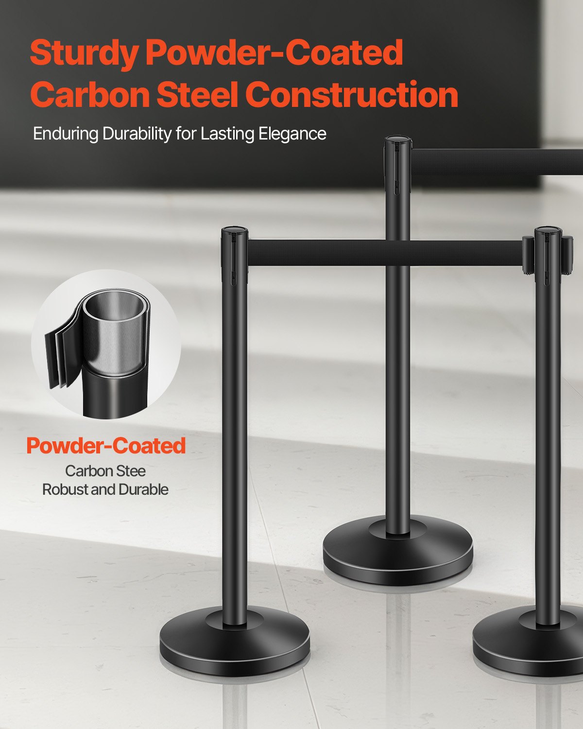 VEVOR Crowd Control Barrier-palen (4-pack) met 4 intrekbare banden, koolstofstalen crowd control-palen met holle basis voor bruiloften, tentoonstellingen, zwart