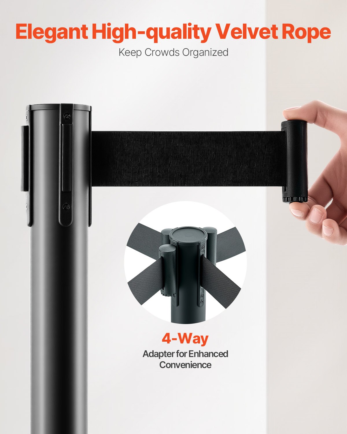 VEVOR Crowd Control Barrier-palen (4-pack) met 4 intrekbare banden, koolstofstalen crowd control-palen met holle basis voor bruiloften, tentoonstellingen, zwart