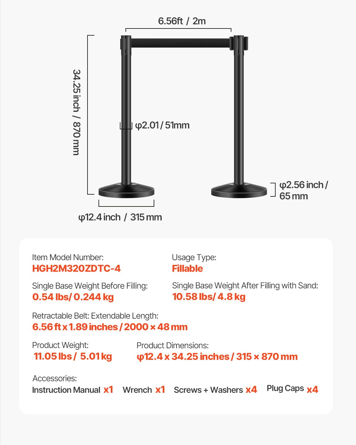 VEVOR Crowd Control Barrier-palen (4-pack) met 4 intrekbare banden, koolstofstalen crowd control-palen met holle basis voor bruiloften, tentoonstellingen, zwart