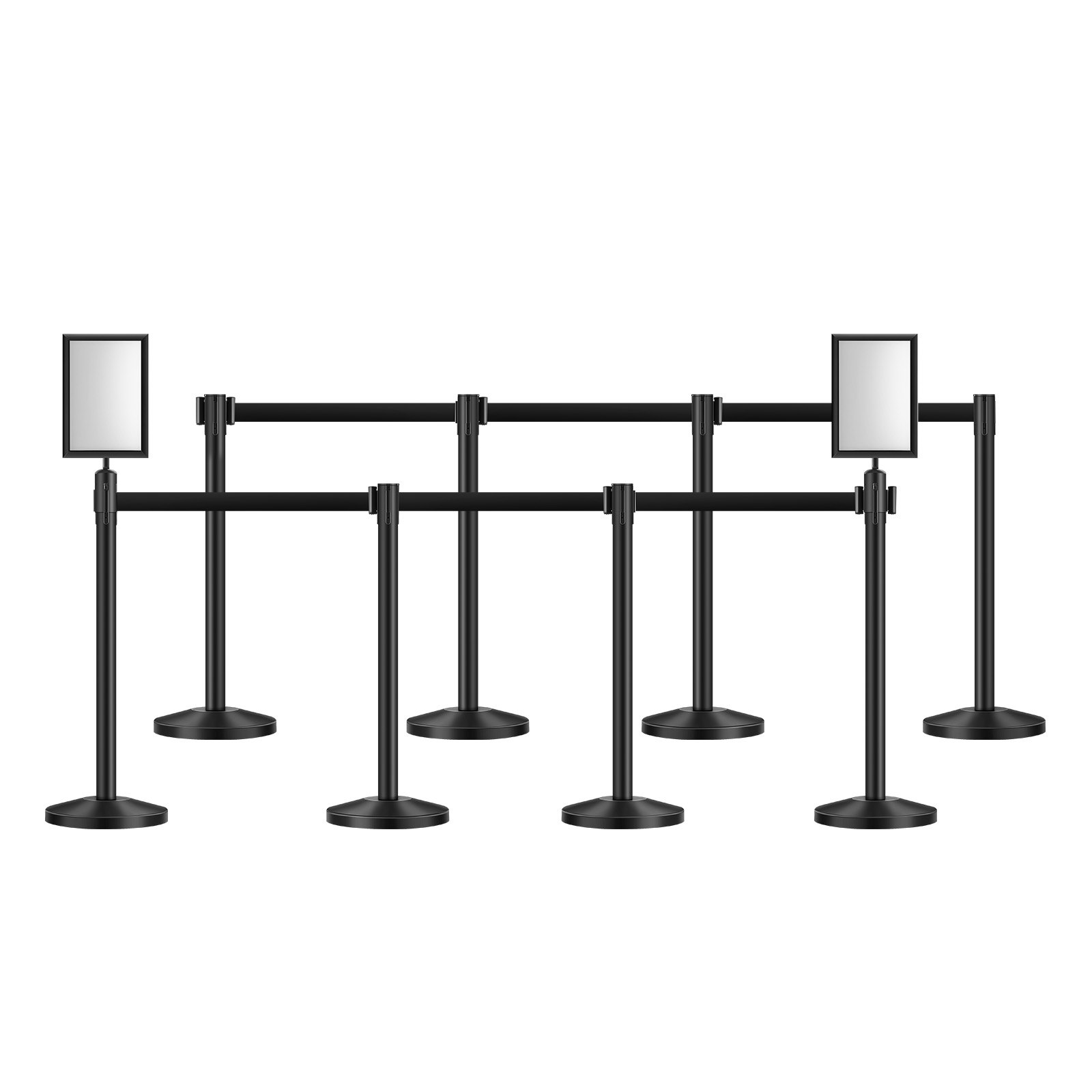 VEVOR Stanchion Post, 8 Pcs Crowd Control Barrier with 8 Retractable Belts & 2 Sign Holders, Carbon Steel Stanchion Post Queue with Sand Injection Hollow Base for Theater, Party, Wedding, Exhibition
