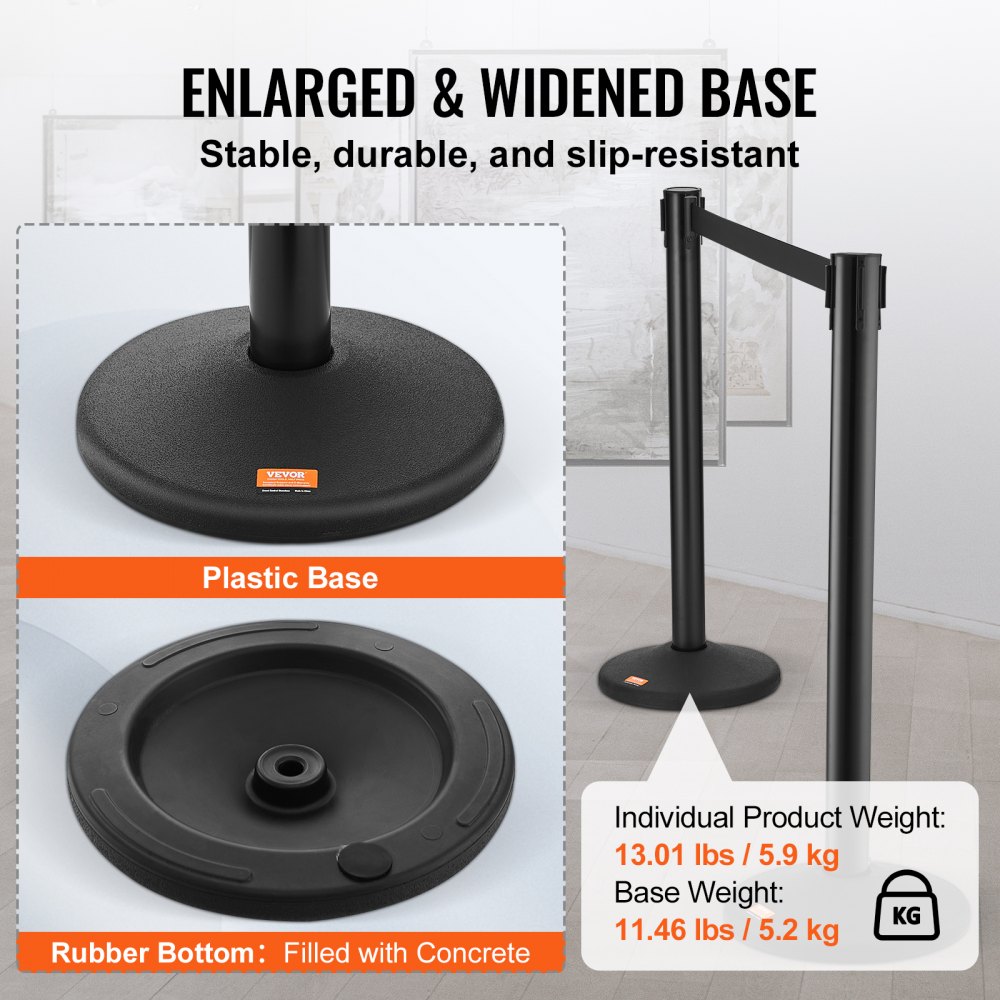 VEVOR Personengeleidingssysteem Afzetpaal met tape, 2-delig, 2 m x 48 mm, zwarte oprolbare band, PVC Personengeleidingssysteem Afzetpaal geschikt voor luchthavens, beurzen, wedstrijdlocaties, enz.