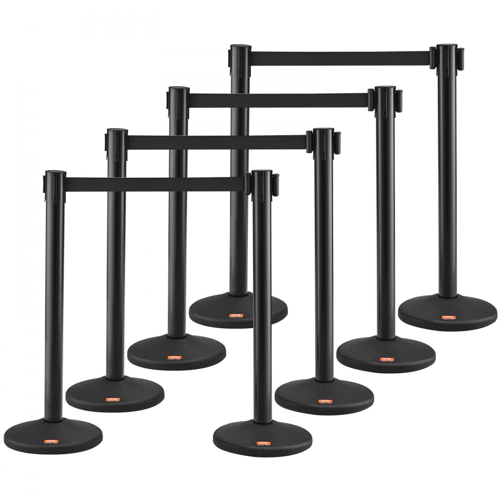 VEVOR people guidance system barrier tape barrier stands 8 pieces, 2 mx 48 mm black retractable belt, PVC people guidance system barrier posts Suitable for airports, trade fairs, competition venues