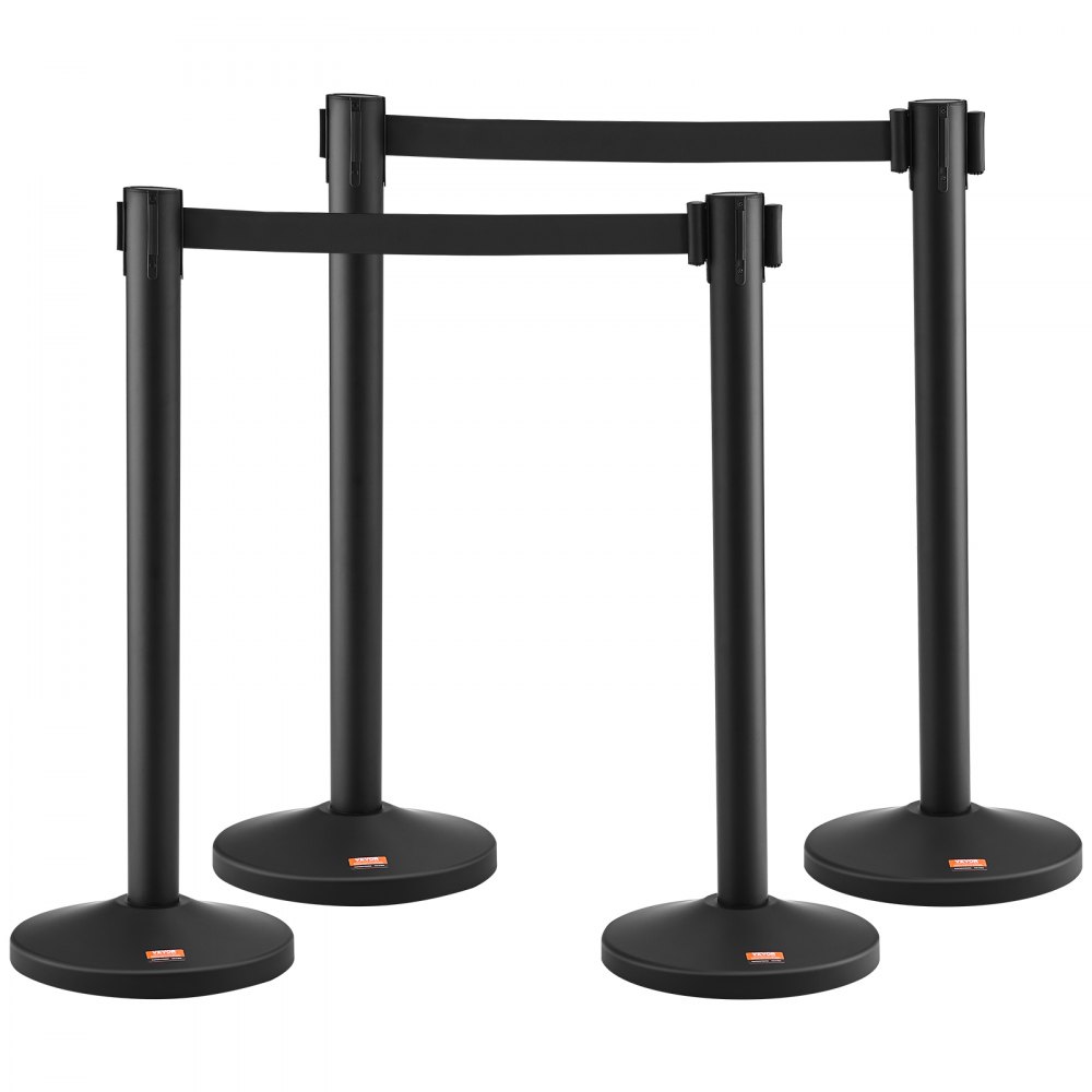 VEVOR people guidance system, barrier tape, barrier stand, 4 pieces, 2 m x 48 mm, black retractable belt, people guidance system, fillable barrier post, suitable for airports, trade fairs, competition venues