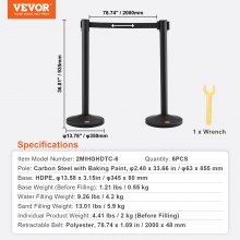 VEVOR People Guidance System Barrier Tape Barrier Stands 6 Pieces, 2 m x 48 mm Black Retractable Belt, Carbon Steel People Guidance System Barrier Posts Suitable for Airports, Shopping Centers