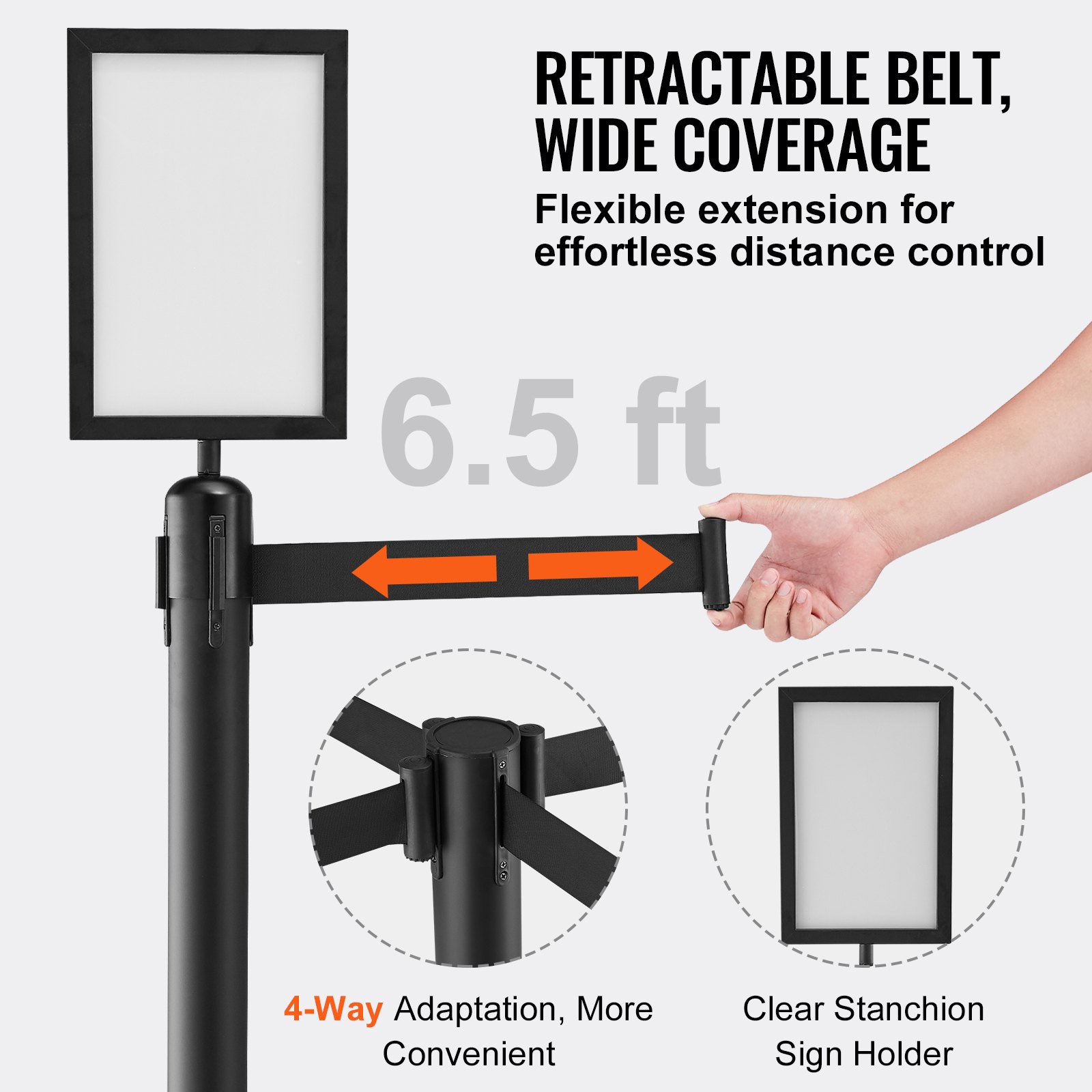 VEVOR Personengeleidingssysteem Afzetlint Afzetpalen, 6-delig, 2 m x 48 mm, zwarte oprolbare band, afzetpaal voor personengeleidingssysteem met borden voor luchthavens, beurzen, wedstrijdlocaties, enz.