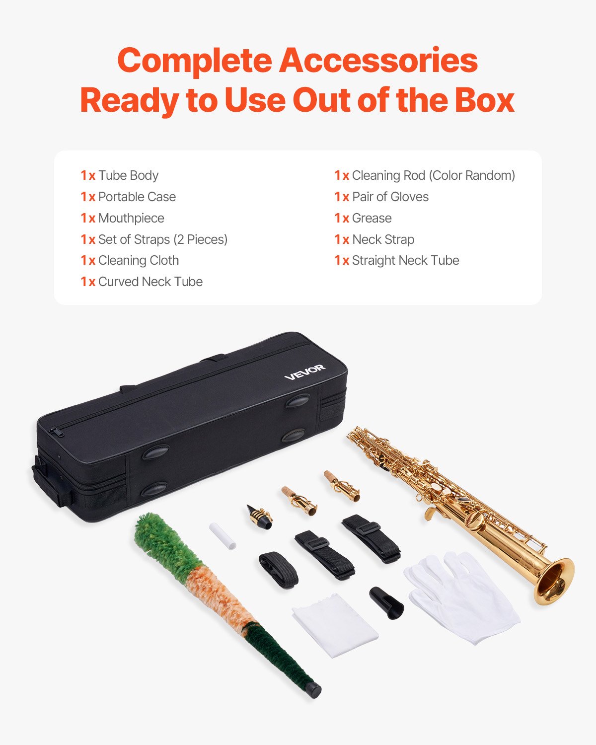 VEVOR Straight Soprano Saxophone, B Flat, Brass Saxophone Beginner Kit with Carrying Case, Mouthpiece, Cleaning Cloth Rod, Gloves, Neck Strap, 23 Keys Soprano Sax Kit, for Beginners Students, Gold