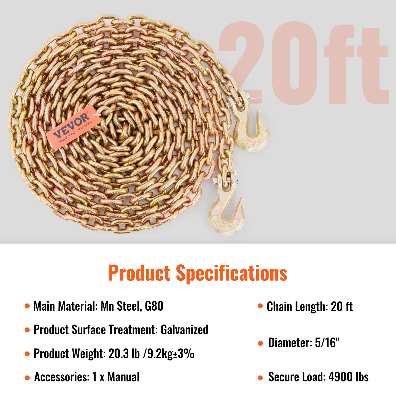 VEVOR Transport Binder Chain, 4900 lbs Working Load Limit, 5/16'' x 20' G80 Tow Chain Tie Down with Grab Hooks, DOT Certified, Galvanized Coating Manganese Steel for Dock Factory Construction Site