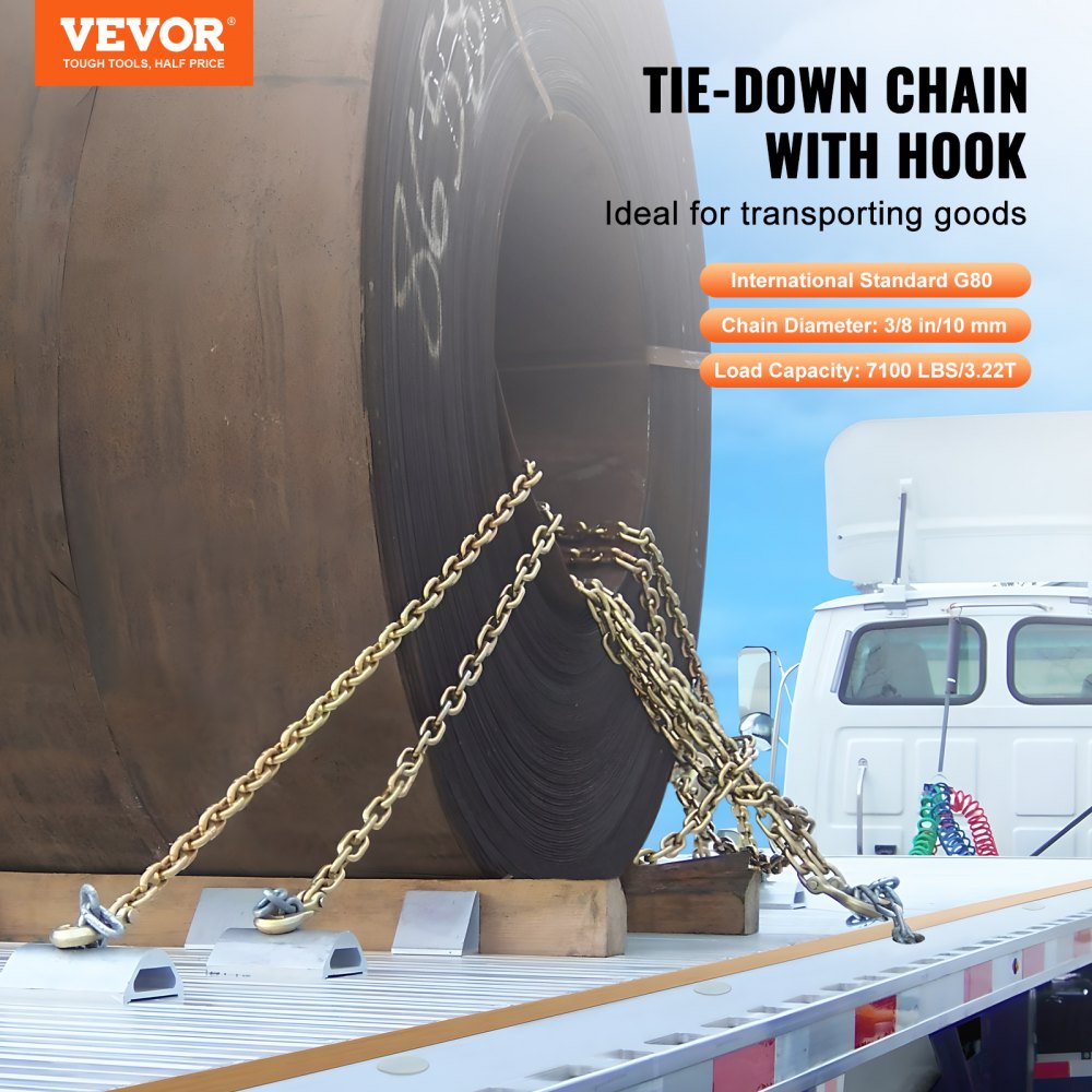 VEVOR G80 Transport-vastzetketting, 3/8 inch x 10,3 ft sleepketting met gaffelhaak, veilige werklast van 7100 lbs, zware aanhangwagen-boomstamtransportketting voor het vastzetten van sleepwagenapparatuur