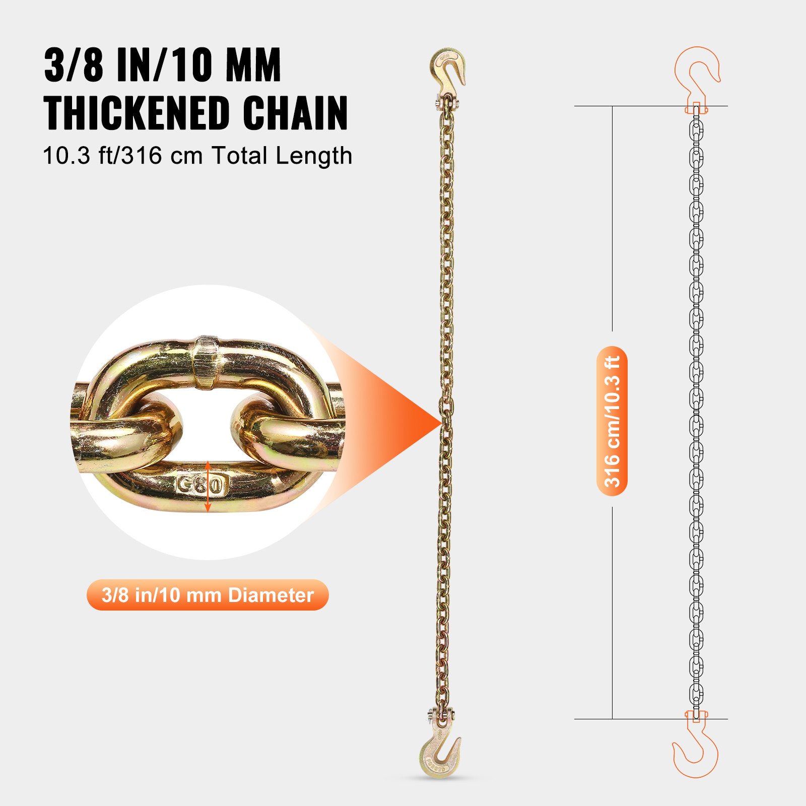 VEVOR G80 Transport-vastzetketting, 3/8 inch x 10,3 ft sleepketting met gaffelhaak, veilige werklast van 7100 lbs, zware aanhangwagen-boomstamtransportketting voor het vastzetten van sleepwagenapparatuur