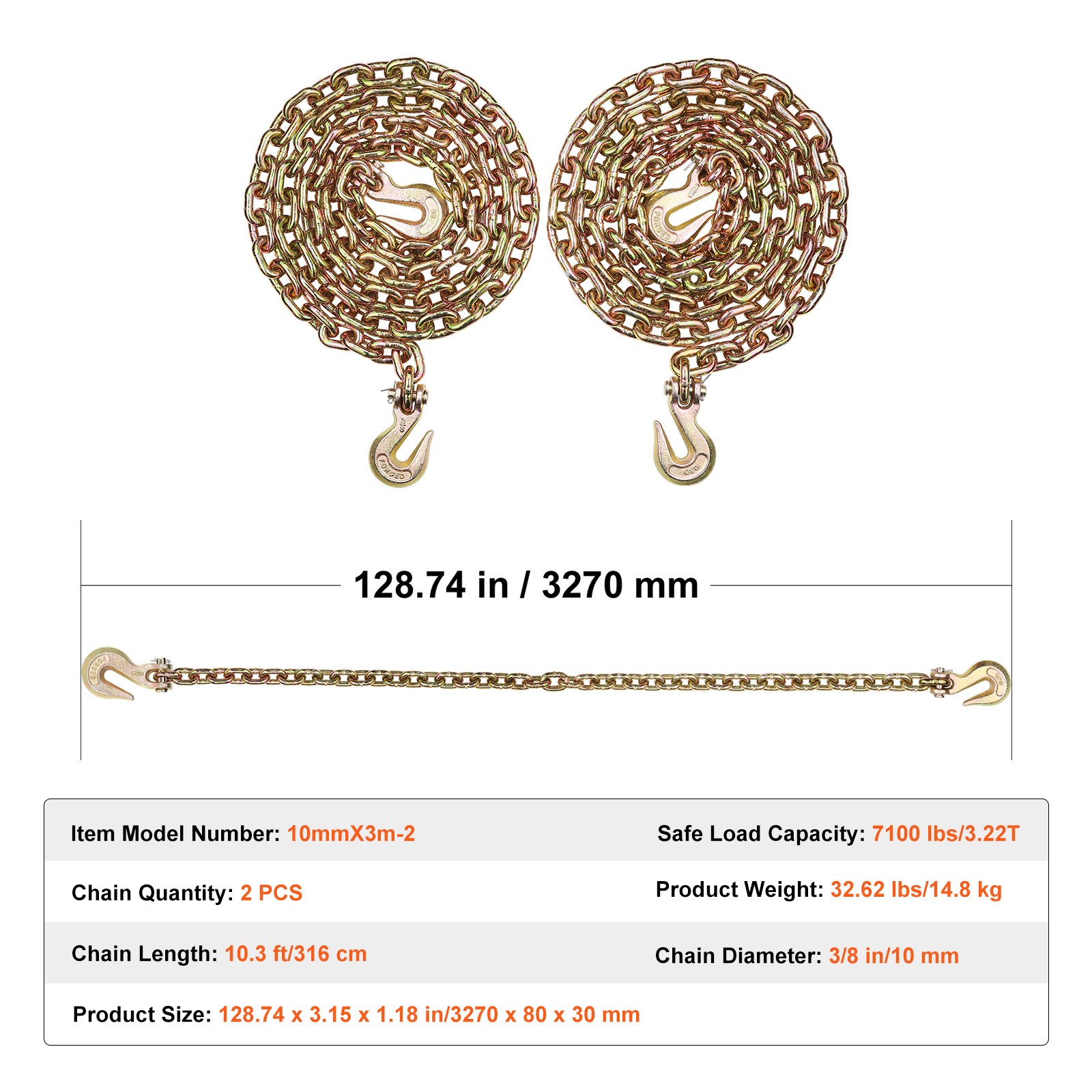 VEVOR G80 transportketting, 3/8 inch x 10,3 voet, 2-pack sleepketting met gaffelhaak, veilige werklast van 7100 lbs, zware bosbouwketting voor het transport van sleepwagen-bindapparatuur