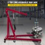 VEVOR hydraulic long ram jack lifting an engine in an industrial garage.