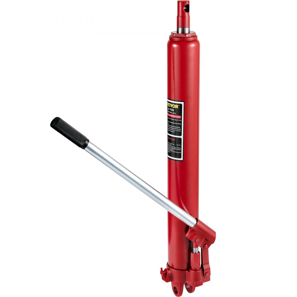 red VEVOR hydraulic ram jack with handle, for heavy lifting and automotive use.