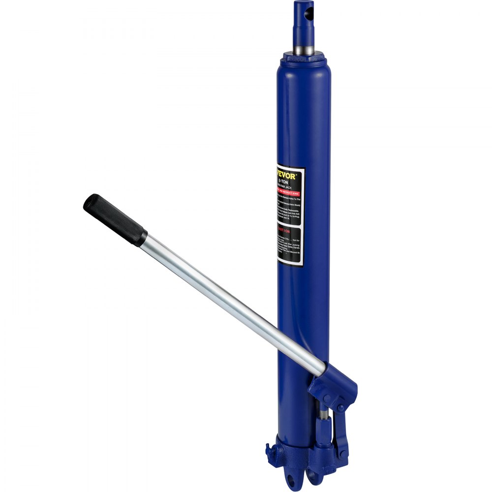 blue VEVOR hydraulic long ram jack with handle for lifting heavy loads.