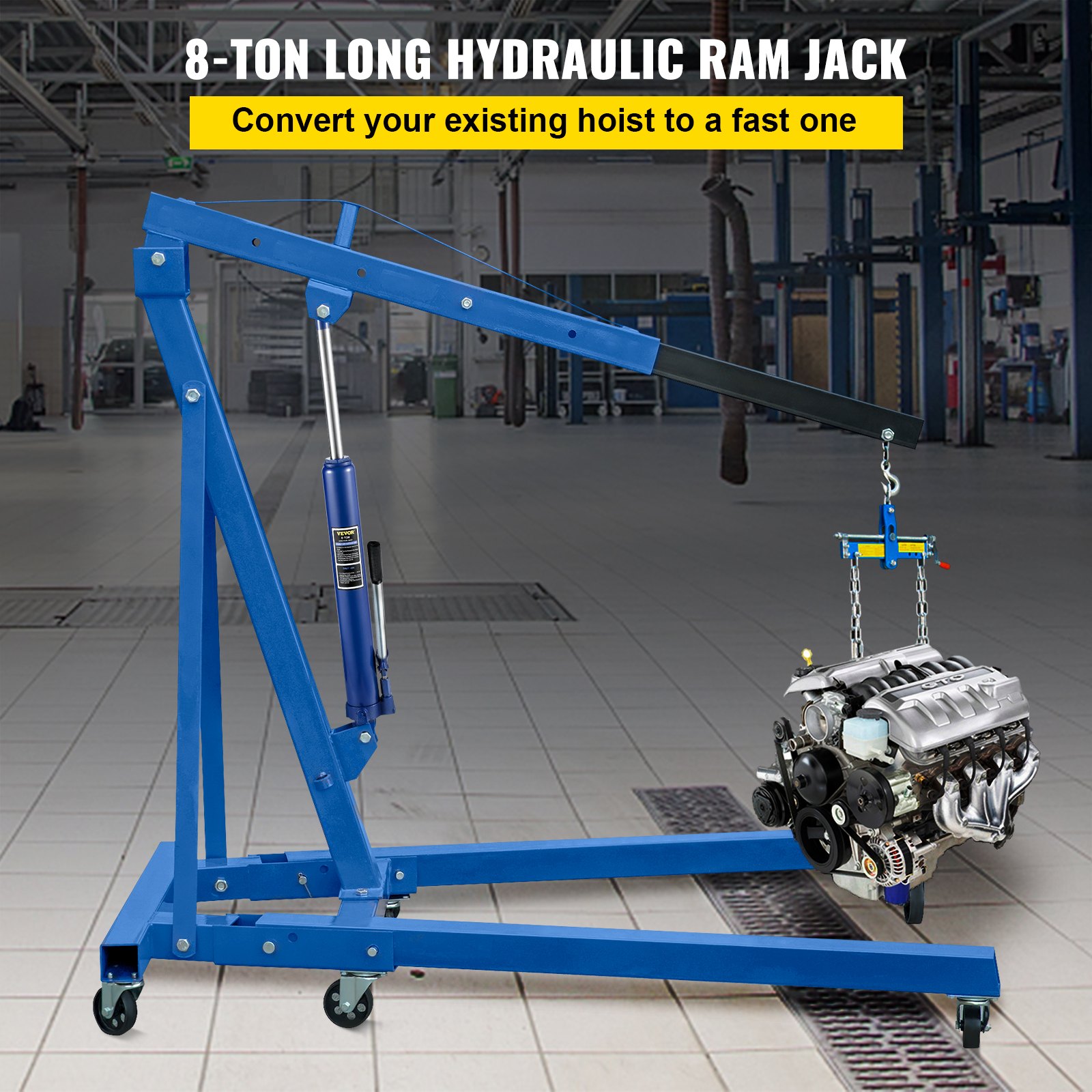 VEVOR hydraulische krik voor lange palen, capaciteit 8 ton, met enkelvoudige zuigerpomp en gaffelvoet, handmatige krik voor hoogwerkers met handgreep, voor garage-/werkplaatskranen, motortakel, blauw