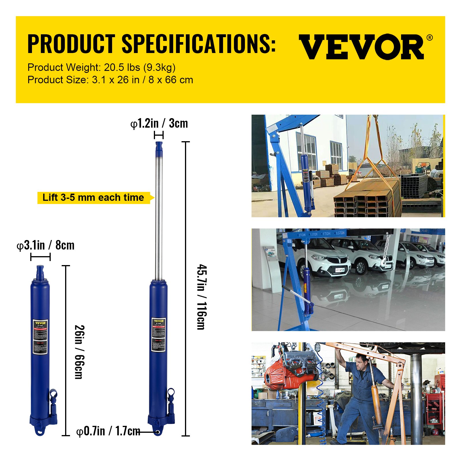 VEVOR hydraulische krik voor lange palen, capaciteit 8 ton, met enkelvoudige zuigerpomp en gaffelvoet, handmatige krik voor hoogwerkers met handgreep, voor garage-/werkplaatskranen, motortakel, blauw