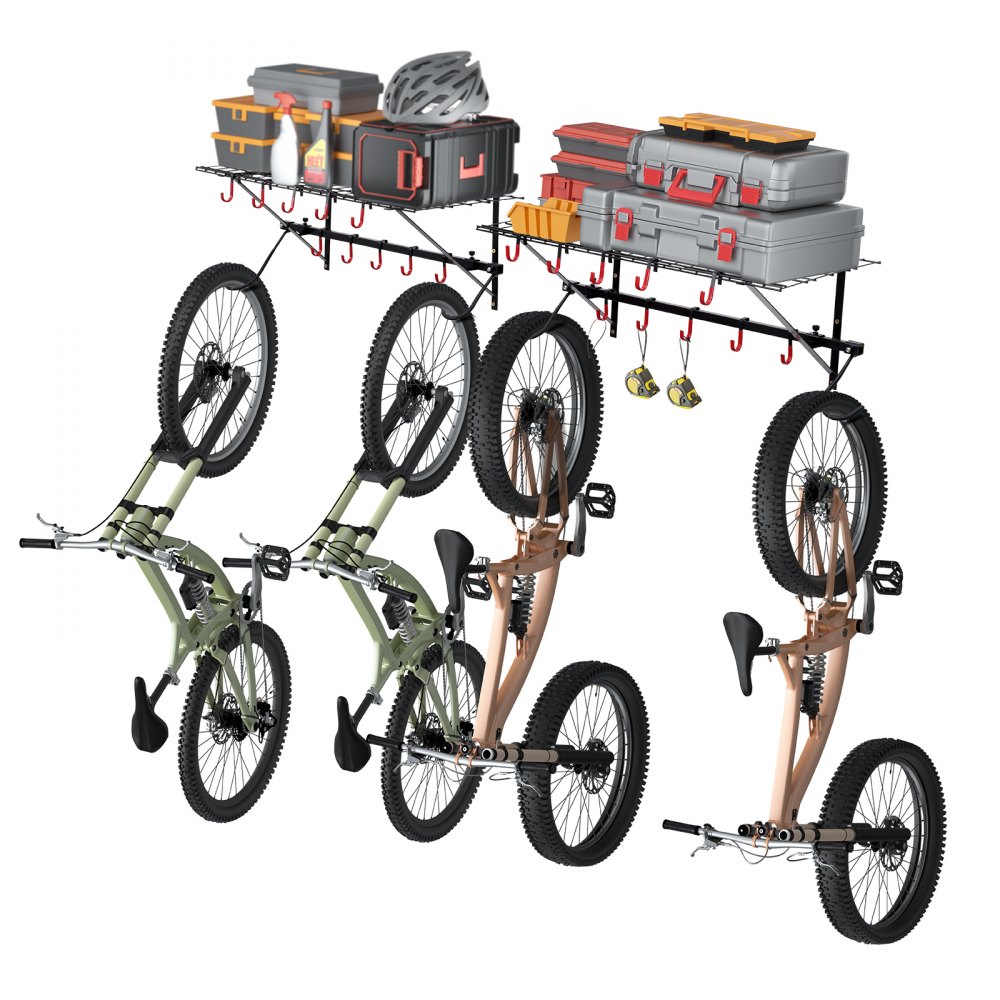 VEVOR Bike Storage Rack, 4 Bike Racks, Wall Mount Bike Storage Hanger with 2 Shelves, Home and Garage Organizer, Customizable for Various Bike Sizes, Adjustable Holder, Holds Up to 500 lbs, 63-inch